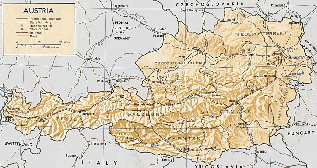Ավստրիա աշխարհագրական քարտեզ