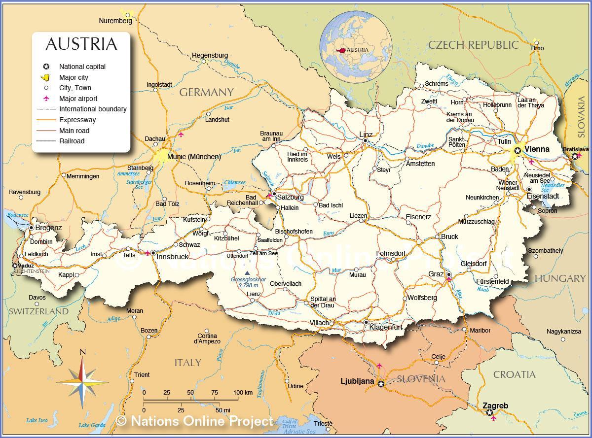 քարտեզ Ավստրիայի քաղաքների հետ և поселками